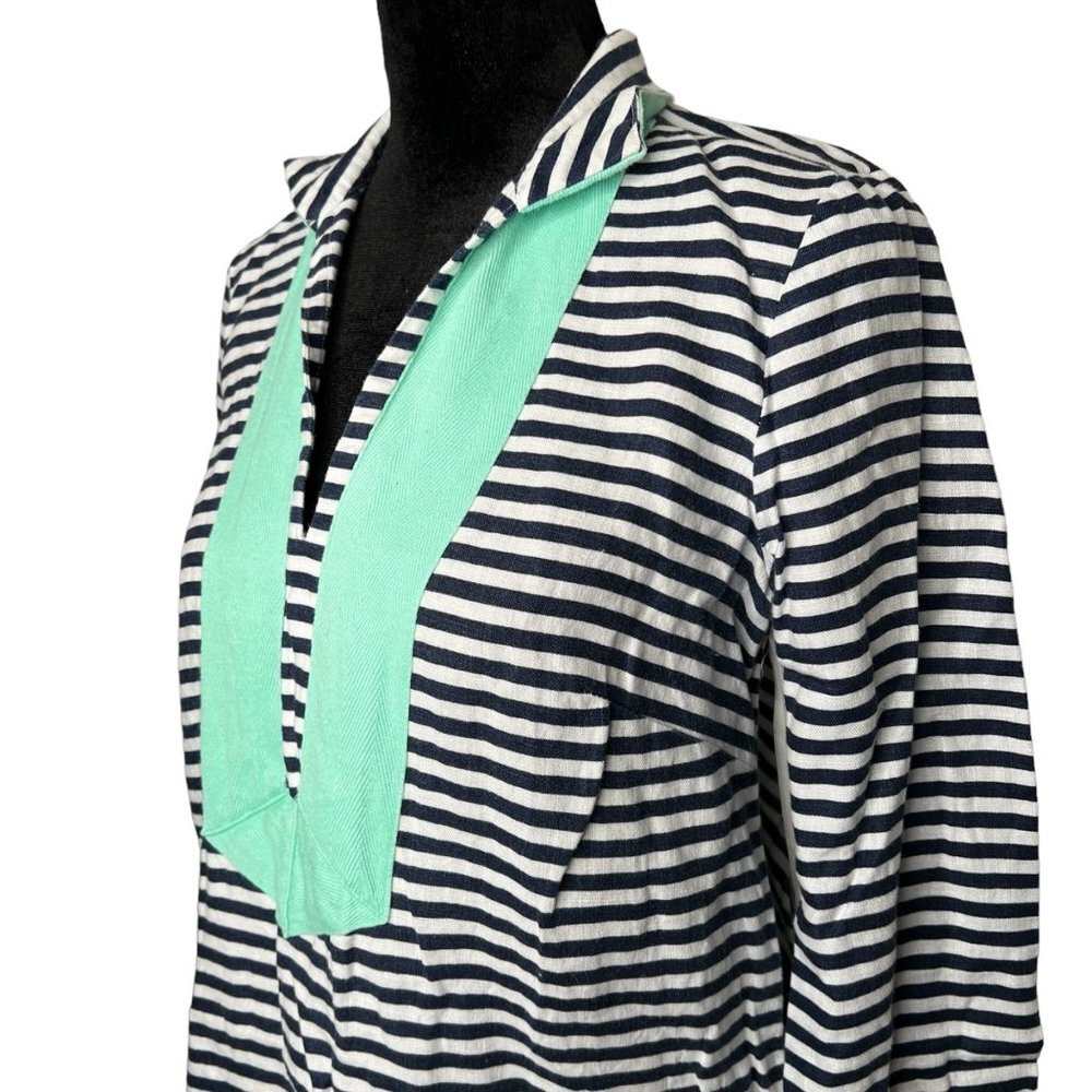 Sail to Sable STS Long Sleeve Linen Resort Tunic Shift Dress Teal Blue Striped S - Picture 3 of 8
